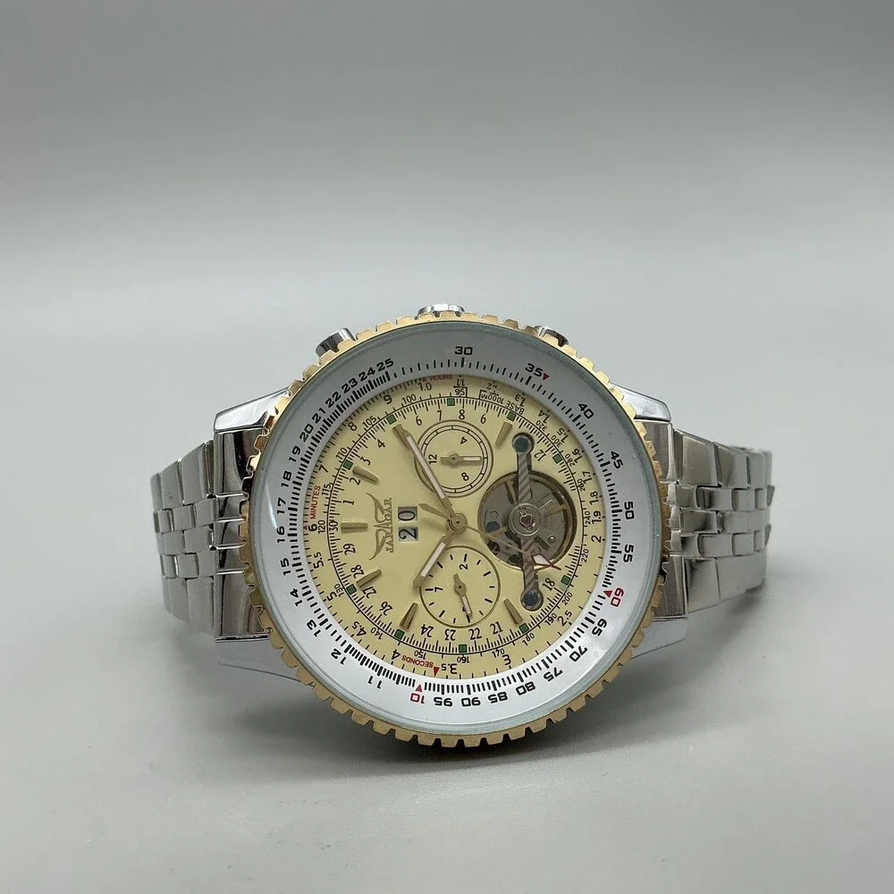 Jaragar Mens Watch 50mm Champagne Dial Automatic Skeleton Stainless Bracelet